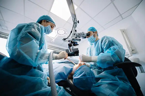 Two dental surgeons using a microscope while performing a detailed dental procedure on a patient in a sterile environment.